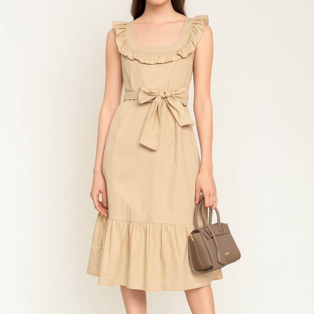 NWT Urban Outfitters Cotton Poplin Ruffled Neck Tan Dress Size medium